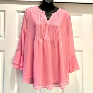 Charter Club Pintuck sheer overlay blouse with bell sleeves, size Large